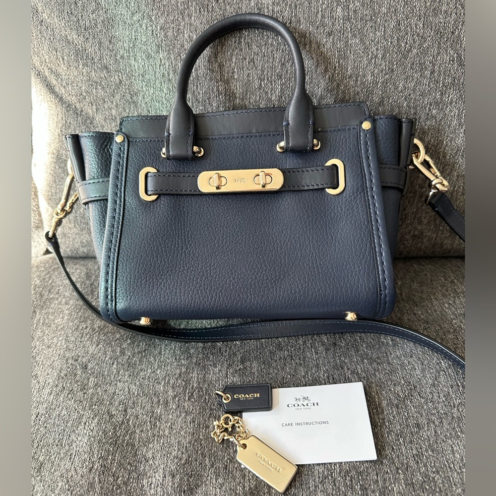 Coach Navy Blue Leather Crossbody Satchel with Gold Hardware